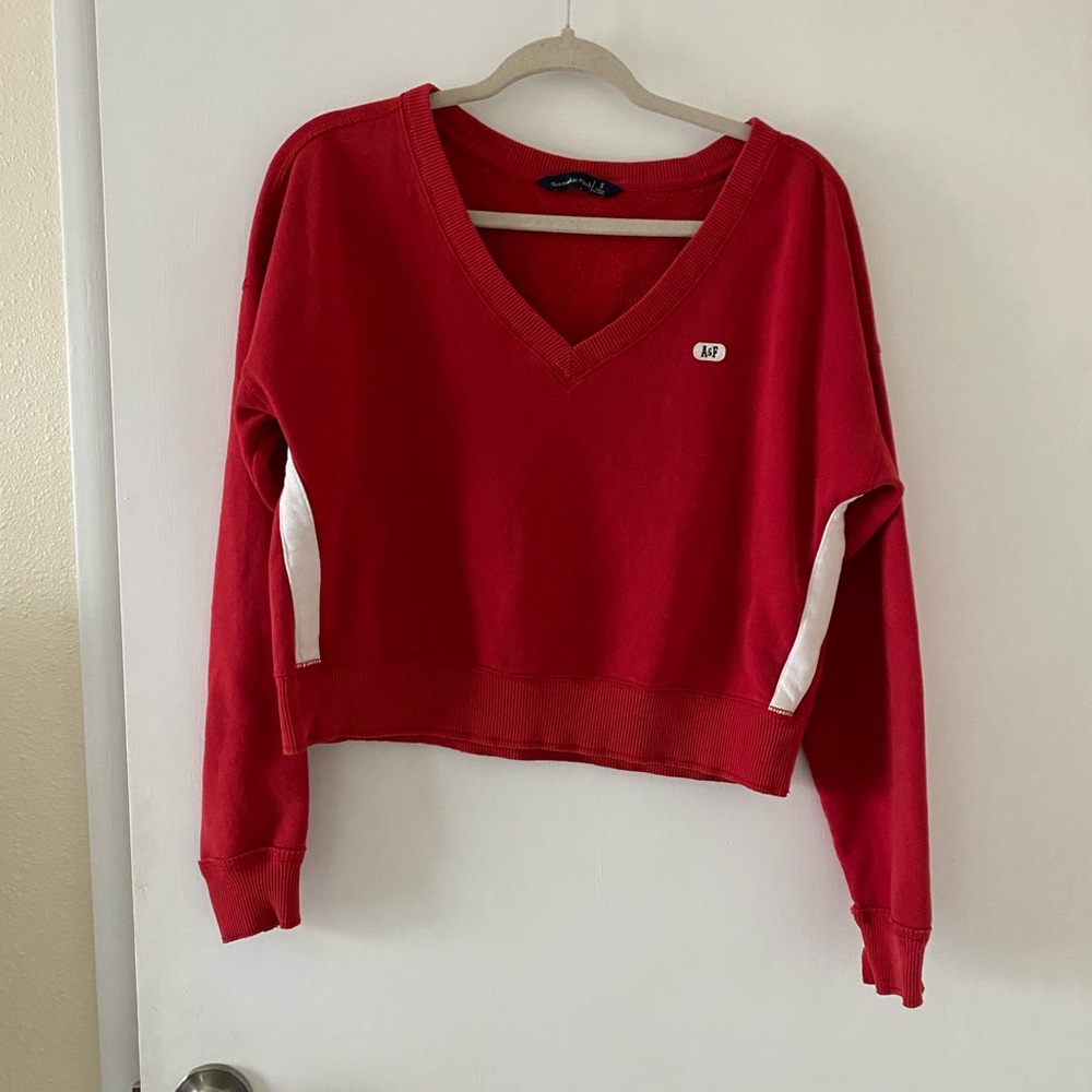 Abercrombie Cropped Red Sweatshirt Crewneck with retro side stripes, small